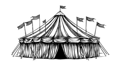 A cartoon modern illustration of a circus tent, vintage funfair carnival marquee for amusement park show with circus top tent marquee and entrance © Andrei