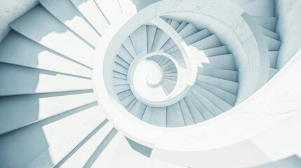 Fototapeta premium Monochromatic white spiral staircase viewed from above highlighting symmetry and shadows