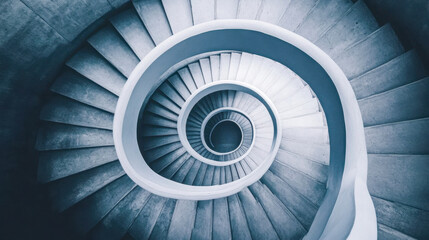 Obraz premium Monochromatic white spiral staircase viewed from above, showcasing symmetry and shadows