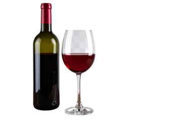 A glass of red wine and a bottle on the table in front isolated on a transparent background