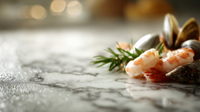 A variety show of seafood on a snowy marble tabular raiment closeup.