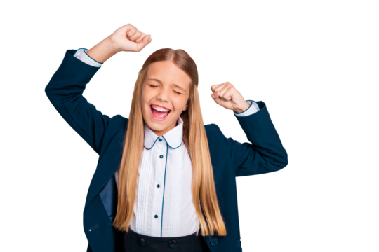 Close up photo beautiful amazing yelling she her little lady hands arms raised up glad end finish last studying day wear formalwear shirt blazer school form isolated bright teal turquoise background