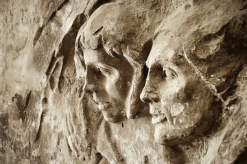 Bas-relief carving of three faces, weathered stone, profile views.  Detailed sculpted heads, appearing ancient, set within a textured stone surface