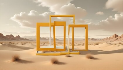 Abstract yellow frames in a desert landscape under a cloudy sky, creating a surreal scene.