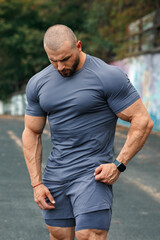 Muscular man in sportswear outdoor. Athletic male outside