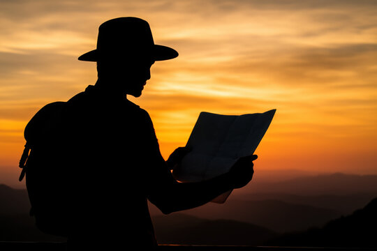 Silhouette of man with hat and backpack reading map at sunset view - Powered by Adobe
