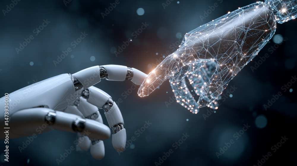 Poster artificial intelligence, future technology and business concept - robot and human hand on the backgr