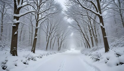 A snow-laden forest pathway framed by snow-covered trees offers a peaceful winter scene.