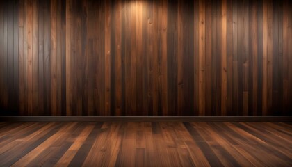 An elegant interior showcases the rich textures of dark wooden walls and flooring in a room.