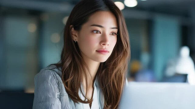ノートパソコンで作業をする日本人女性