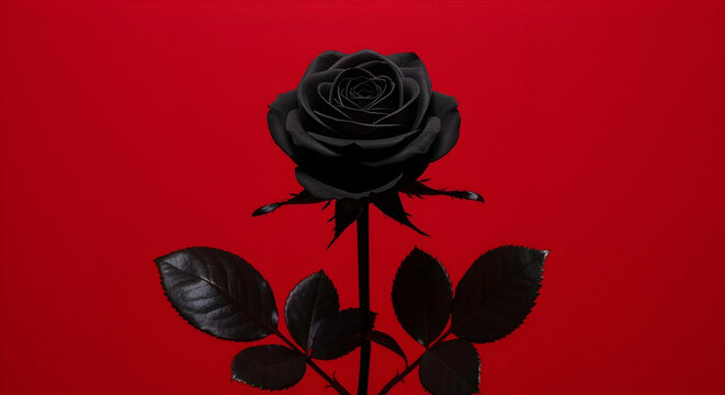 Black Rose Centered on Vivid Red Background &ndash; Bold Floral Contrast and Dark Elegance, black rose, red background, floral contrast, dramatic flower, minimal art, romantic symbolism, mystery, bold color