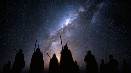 Warriors Silhouetted Against a Starry Sky and Milky Way Galaxy