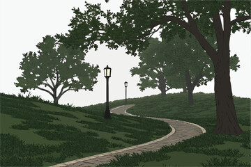 112 highly detailed 3d rendered landscape with curving path, lush green grass, mature trees, and ornamental lighting, realistic, photorealistic, hyper detailed, unreal engine, octane, 8k