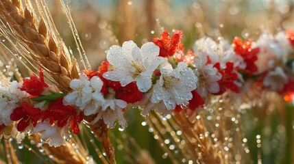 Traditional white-red-white floral wreath with wheat stalks, symbolizing Belarusian heritage and national pride under summer light.