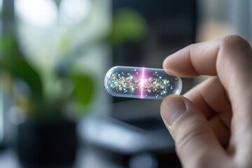 Futuristic Hand Holding Bioluminescent Capsule with Plant DNStructure.