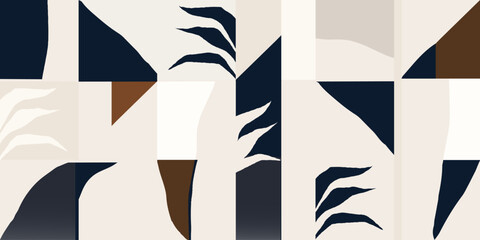 Minimal leaves and abstract shapes pattern. Collage contemporary unique print. Fashionable template for design.