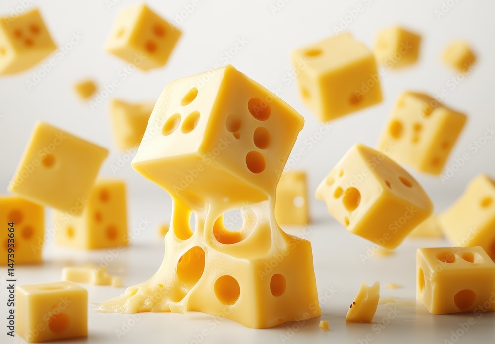 Poster creative arrangement of melting yellow cheese cubes in abstract style with soft focus background and