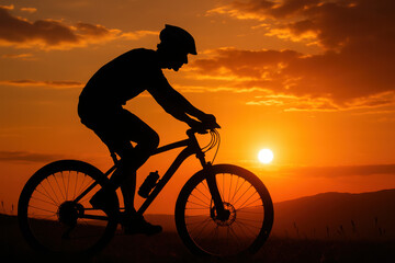 Silhouette of cyclist riding bicycle against dramatic sunset sky view