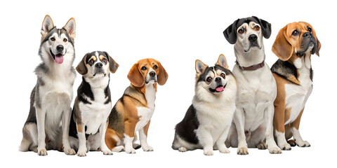 Group of mixed breed dogs including beagles, huskies, and other medium-sized pets sitting together on white background, AI Generative