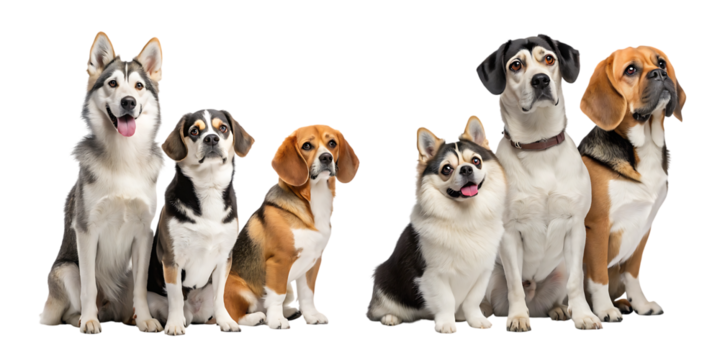 Group of mixed breed dogs including beagles, huskies, and other medium-sized pets sitting together on white background, AI Generative