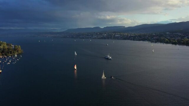 An Aerial Shot of White Sailing Boats in Lake Zurich at Switzerland
