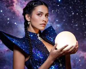 Naklejka premium Woman in celestial dress holding glowing sphere