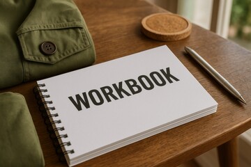 Workspace Notebook Planning Workbook Green Jacket Office Supplies Wooden Table Minimalist Style Flatlay Photography Modern Design Professional Business Branding Simple Elegant Notebook Pen Desk Study 