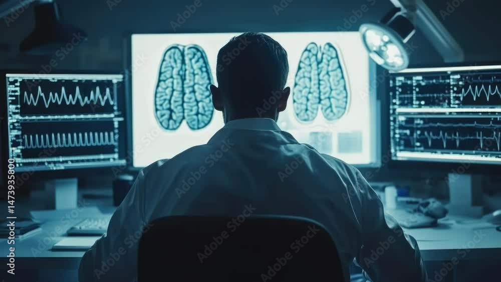 Poster a person sitting at a desk with two computer monitors and other equipment