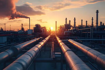 Industrial pipes and tanks connecting in a petrochemical plant at sunset