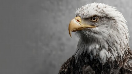 Obraz premium Bald Eagle Portrait: Majestic bald eagle with intense gaze, sharp beak, and white head and tail feathers against a neutral gray background.
