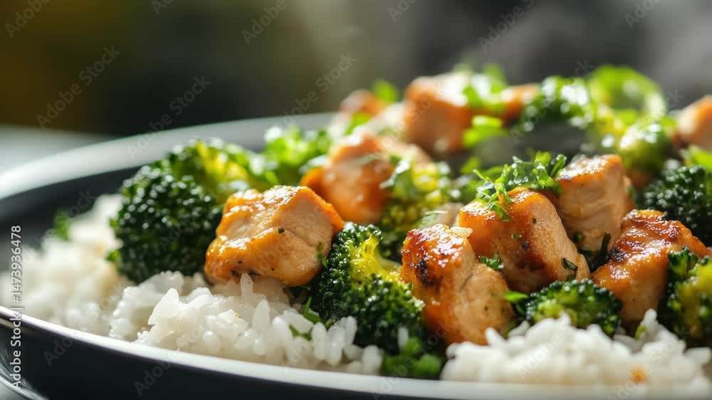 Poster a close-up shot of a plate filled with steaming hot rice and broccoli, perfect for use in food-relat