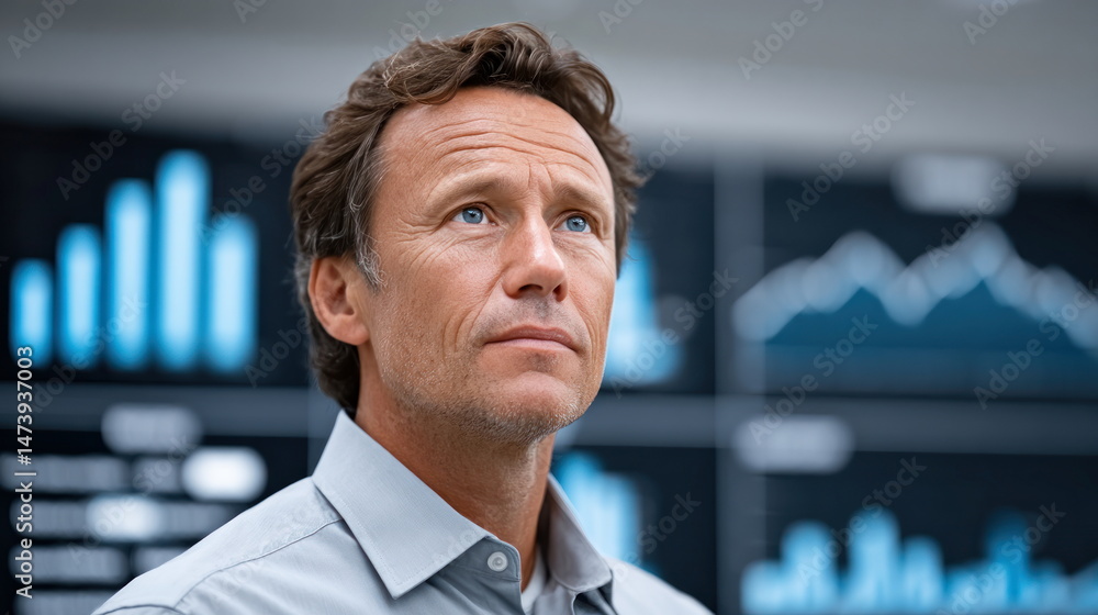 Aufkleber a serious middle aged businessman with light brown hair contemplates while standing in front of moni