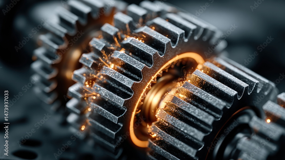 Poster close up shows engaging interlocking metal gears, glowing with energy at the contact points, suggest