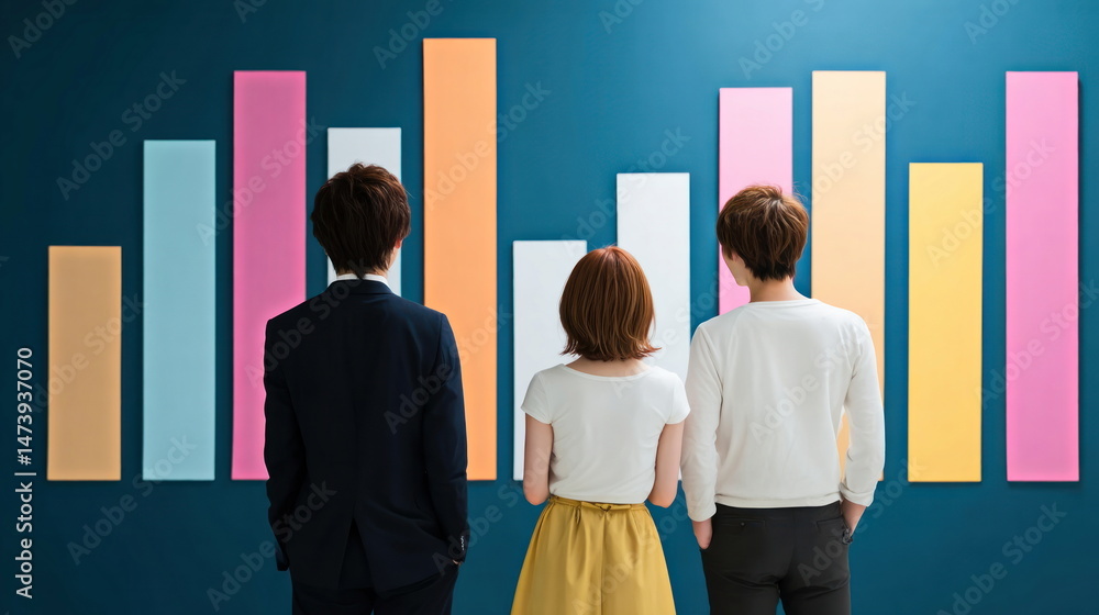 Poster a group of diverse young business professionals stand together analyzing a colorful statistical bar 