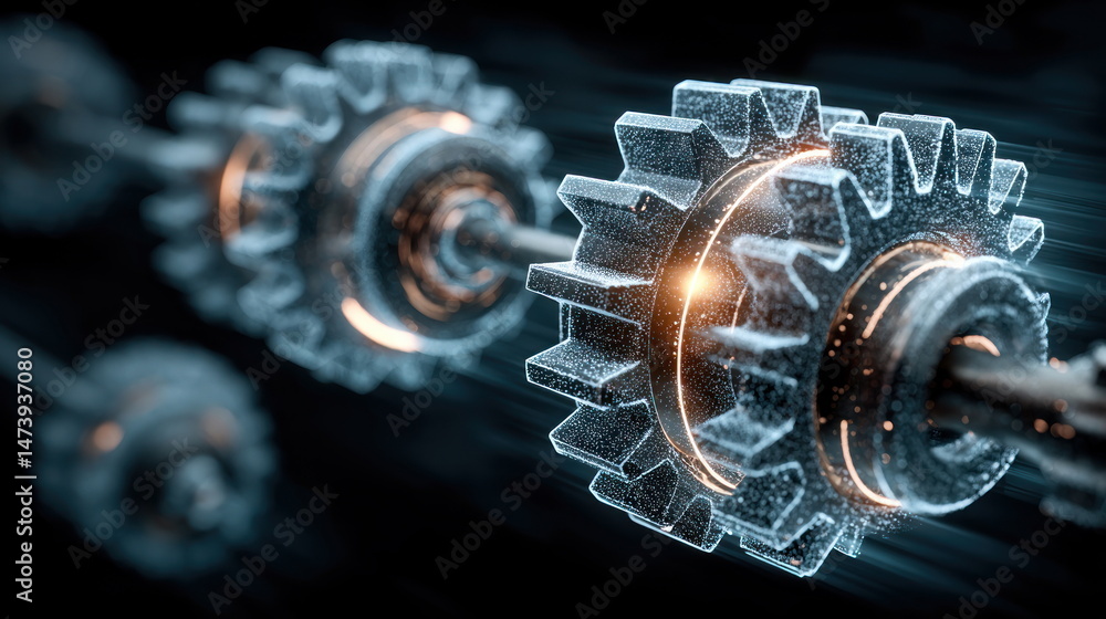 Aufkleber detailed 3d render shows interconnected cogwheels symbolizing mechanisms, synergy, and industrial pr