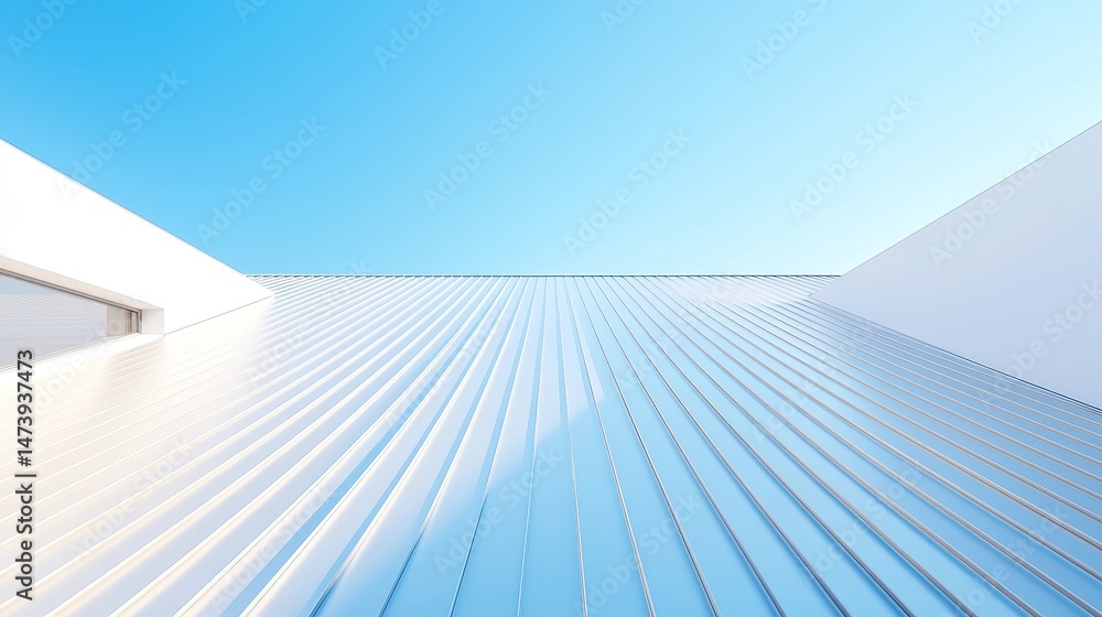Poster dynamic architectural rendering of a sloped standing seam roof, showcasing intricate design elements