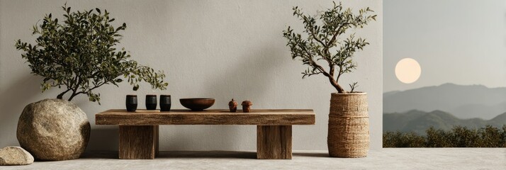 Serene Minimalist Zen Garden: Wooden Table, Plants, and Sunset View