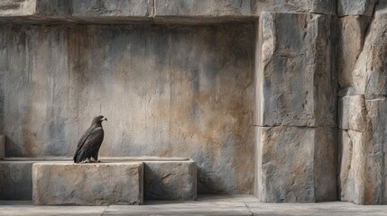 Fototapeta premium Black bird on stone ledge: A lone black bird perched on a stone ledge against a textured stone wall background. The image conveys a sense of solitude and quiet strength.