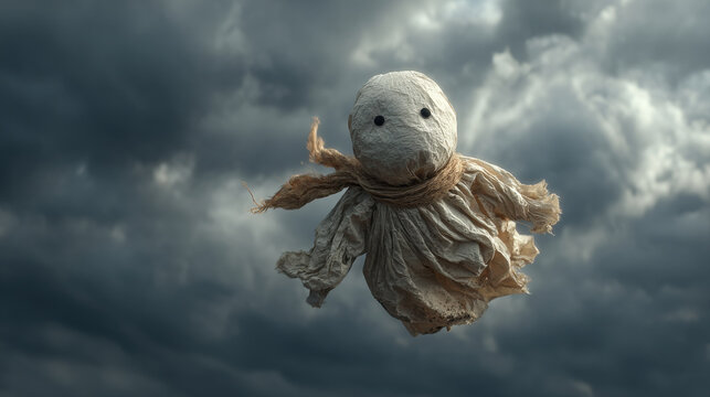 Whimsical teru teru bozu floating against stormy sky, evoking sense of wonder and nostalgia
