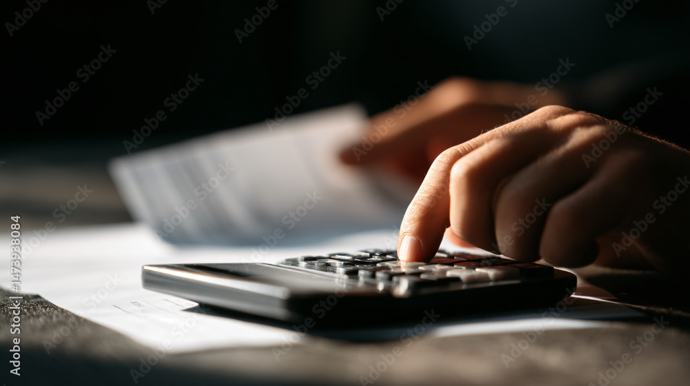 Poster a person is using a calculator to add up the cost of a receipt.