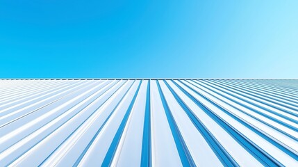 Obraz premium Interlocking Galvanized Steel Roof Panels, detailed view showcasing the texture and sheen of the metal against a bright blue sky, emphasizing durability and design elements.