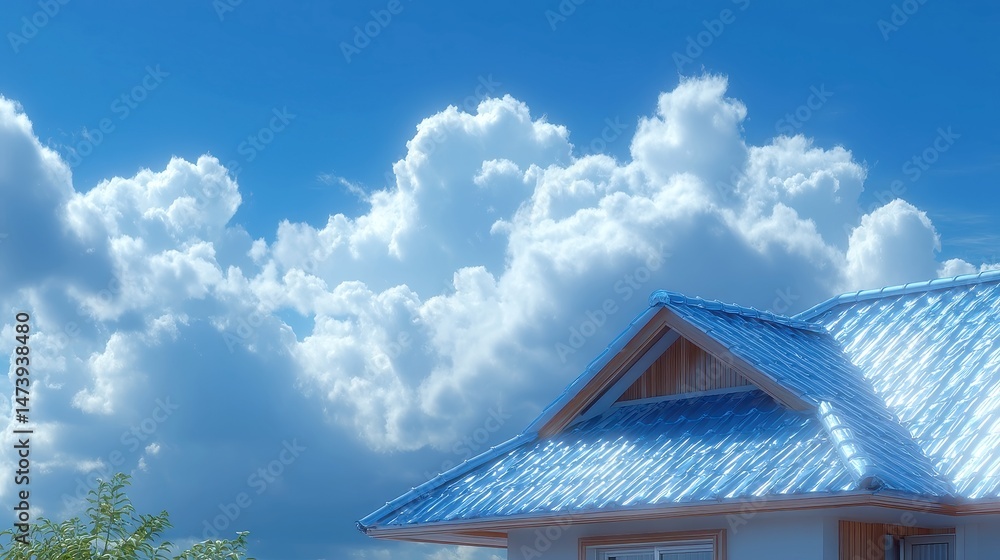 Poster soft clouds over sharp roofs, a striking juxtaposition of gentle cloud formations against the bold l