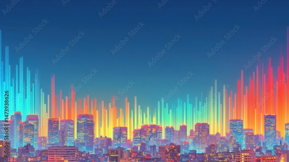Aufkleber A vibrant cityscape at night is illuminated by colorful light patterns, creating a modern, abstract digital art interpretation of an urban skyline at dusk.