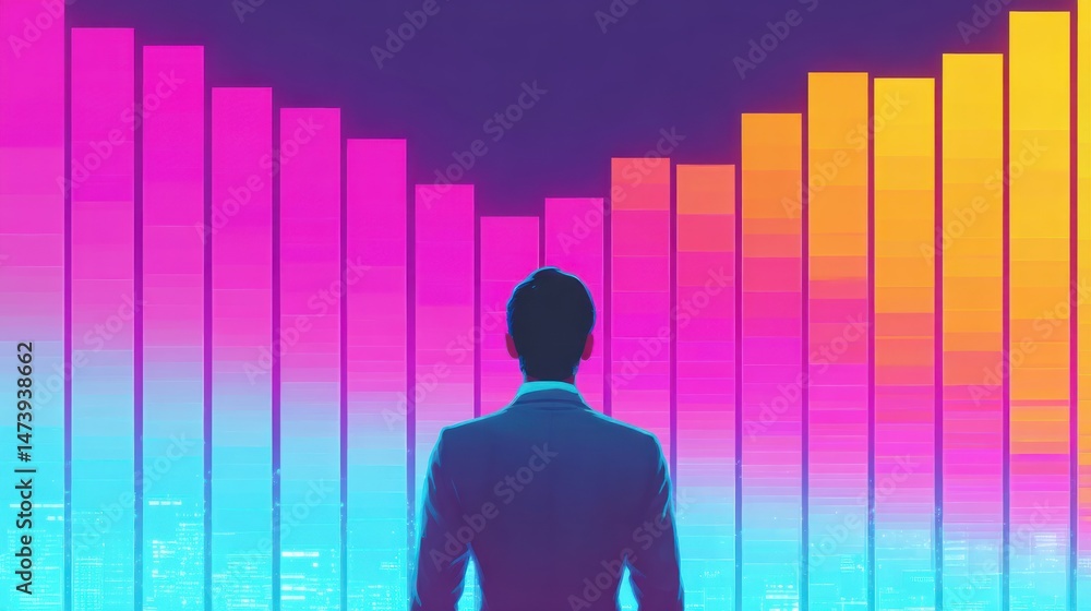 Poster a business professional stands facing a vibrant digital bar graph, symbolizing market analysis and f