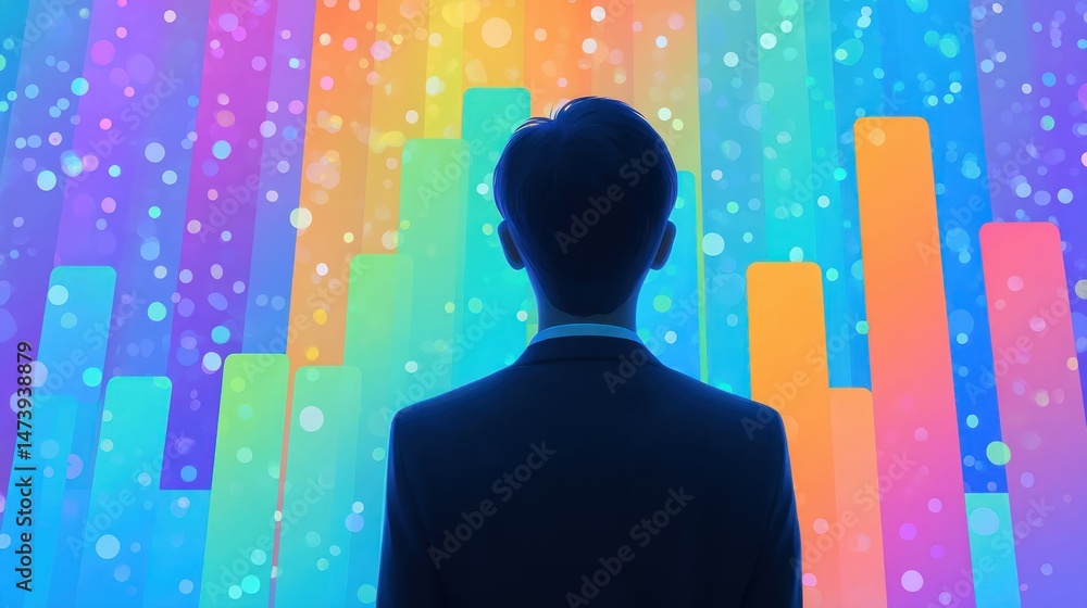 Aufkleber A businessman in a dark suit stands facing colorful bar graphs and glowing dots symbolizing data analytics and business growth, visualized for presentation.