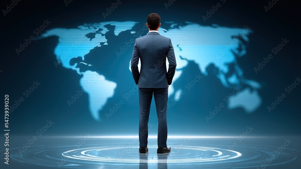 Poster from behind, a businessman in a suit contemplates a digital world map, symbolizing global business a