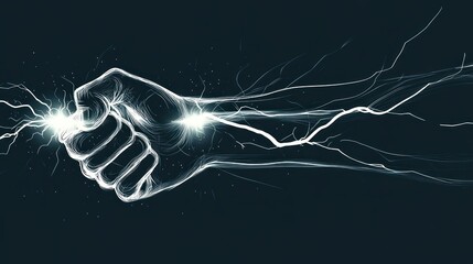 A clenched fist holding or releasing lightning symbolizes super strength, magical energy metaphor about controlling great power fantasy abstract art