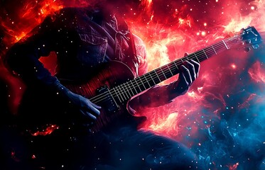The artwork showcases a headless figure immersed in music, strumming a guitar against an intense red radiant environment.