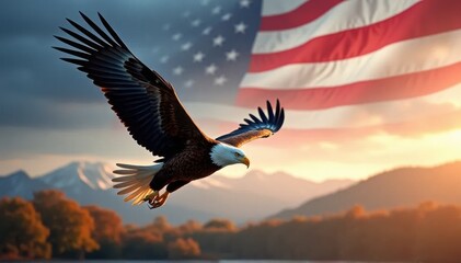 Fototapeta premium Bald Eagle and American Flag at Sunrise