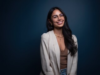 Fototapeta premium A happy woman wearing casual clothes and glasses is smiling at the camera, with a deep blue background featuring negative space, in 8K resolution.